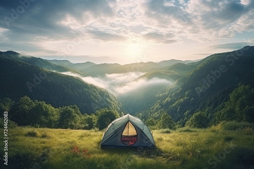 A tent stands alone in the middle of a vast, green grassy field, tent in the middle of nature, beautiful landscape, AI Generated