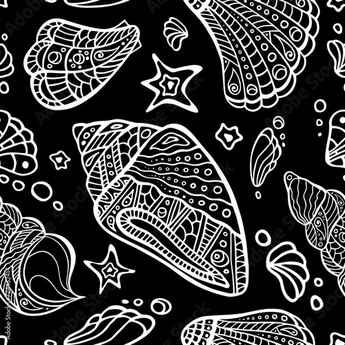 Polynesian shell random seamless pattern. Zen art conch endless texture. Sea irregular repeat boundless background. Tribal ocean surface design. Chaotic aquatic ornament for textile  linen or print.