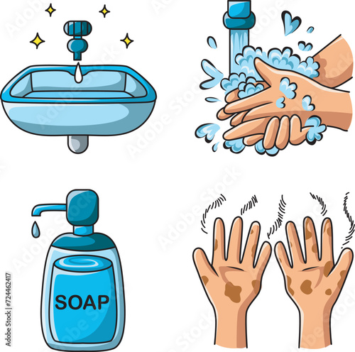 Hand wash icons for education include water, sink, hand, etc.