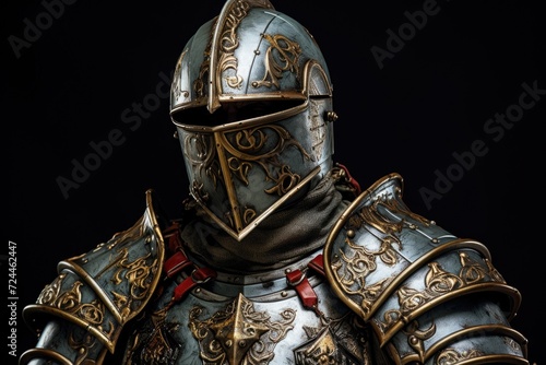 A detailed close-up of an individual wearing medieval armor, demonstrating the intricate craftsmanship and protective qualities of the armor, The Grandeur of the Medieval Knight, AI Generated