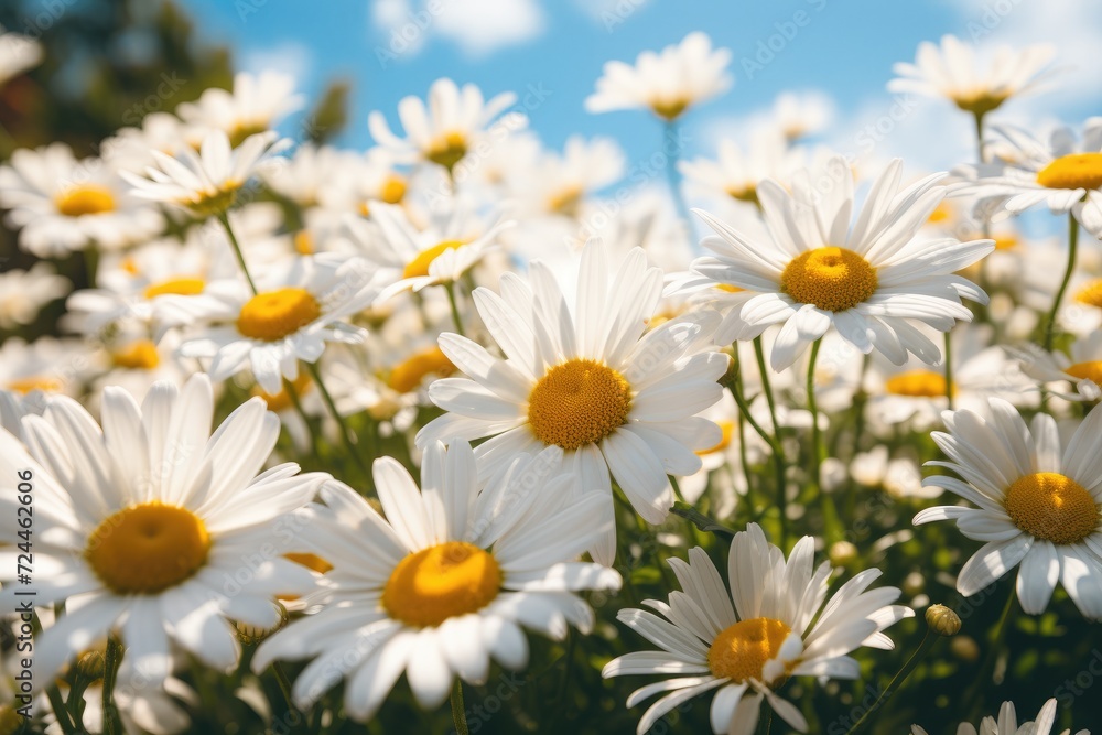 A breathtaking view of a field filled with white and yellow daisies, capturing the serene beauty of nature under a vibrant blue sky, The landscape of white daisy blooms in a field, AI Generated A breathtaking view of a field filled with white and yellow daisies, capturing the serene beauty of nature under a vibrant blue sky, The landscape of white daisy blooms in a field, AI Generated