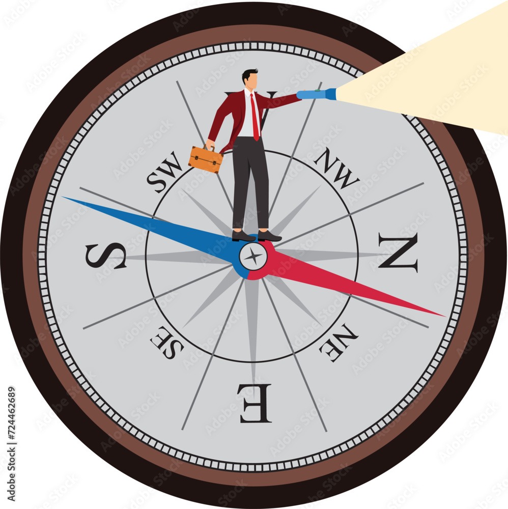 A businessman standing on a compass lights the way ahead with a flashlight, Guiding Light, Navigating the Business World, Steering Success A businessman standing on a compass lights the way ahead with a flashlight, Guiding Light, Navigating the Business World, Steering Success