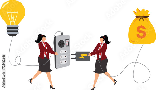 Two businesswomen holding huge wired power plugs and sockets ready to make connections for money and ideas