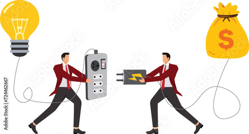 Two businessmen holding huge wired power plugs and sockets ready to make connections for money and ideas