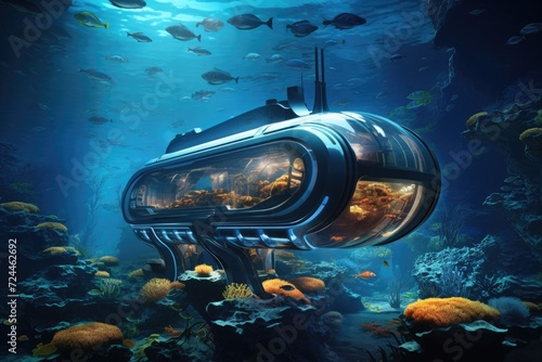 Submarine in Ocean Surrounded by Fish, Underwater Encounter With Marine Life, The submarine of the future will be underwater next to coral reefs and fish, 6k ultra HD, AI Generated © Iftikhar alam