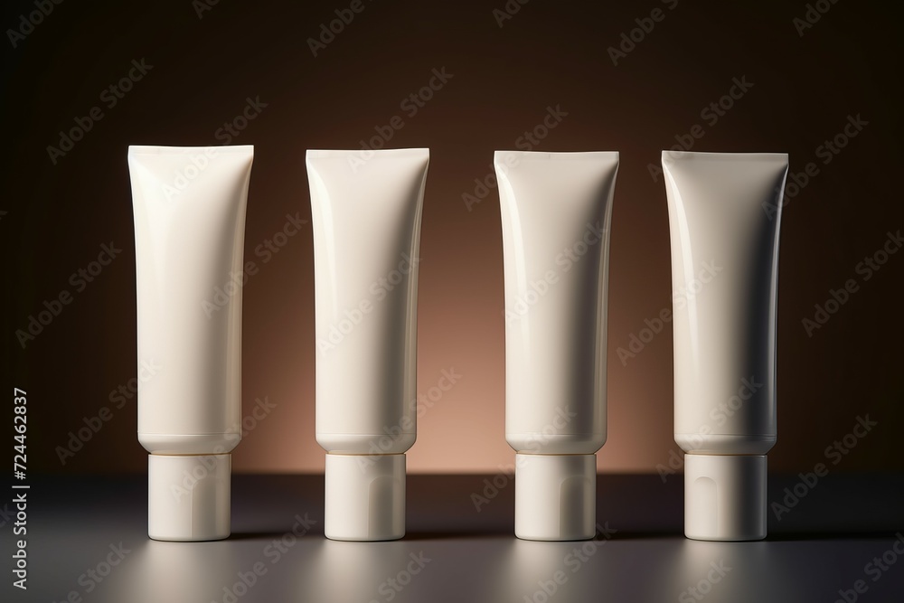 White identical cream tubes in a row. Cosmetic hygiene lotion tubular holders. Generate ai White identical cream tubes in a row. Cosmetic hygiene lotion tubular holders. Generate ai