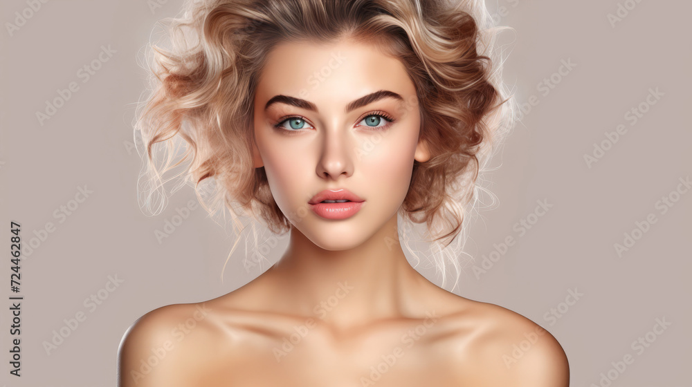 Beautiful woman with natural makeup before beige background