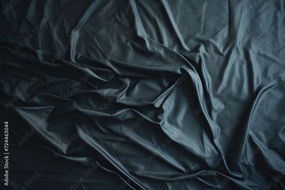A black sheet neatly spread over a bed, creating a sleek and minimalist look, Top view of an unmade black bed with a crumpled sheet, AI Generated A black sheet neatly spread over a bed, creating a sleek and minimalist look, Top view of an unmade black bed with a crumpled sheet, AI Generated