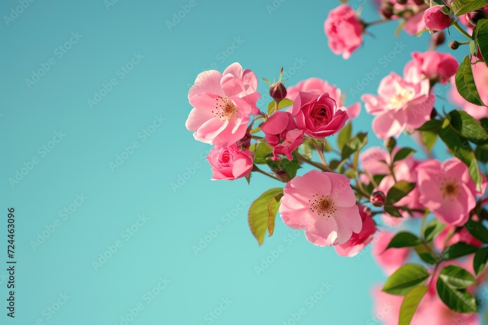 Fototapeta premium Beautiful Spring Border, Blooming Rose Bush on A Blue Background. Flowering Rose Hips Against the Blue Sky