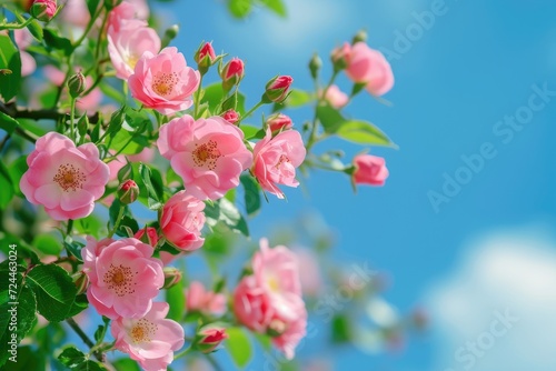 Beautiful Spring Border  Blooming Rose Bush on A Blue Background. Flowering Rose Hips Against the Blue Sky