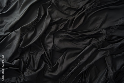 A black sheet neatly placed on top of a bed, providing a sleek and modern look, Top view of an unmade black bed with a crumpled sheet, AI Generated