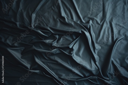 A black sheet neatly spread over a bed, creating a sleek and minimalist look, Top view of an unmade black bed with a crumpled sheet, AI Generated