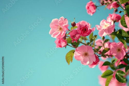 Beautiful Spring Border, Blooming Rose Bush on A Blue Background. Flowering Rose Hips Against the Blue Sky