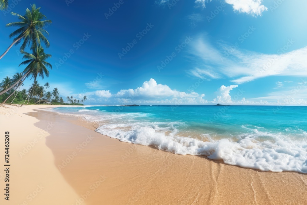 A picturesque sandy beach featuring a row of lush palm trees, against a backdrop of crystal clear blue water, tropical beach panorama, seascape with a wide horizon, AI Generated