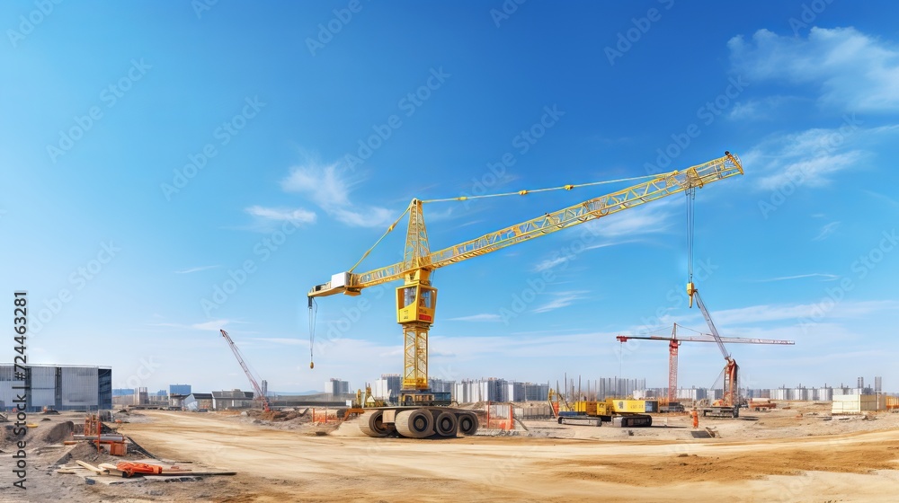Panoramic view of a construction site with a yellow crane and blue sky