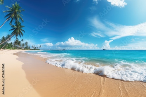 A picturesque sandy beach featuring a row of lush palm trees, against a backdrop of crystal clear blue water, tropical beach panorama, seascape with a wide horizon, AI Generated