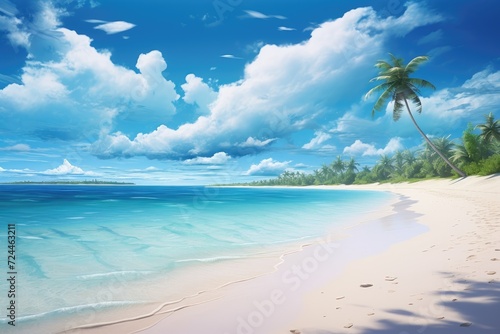 This photo showcases a vibrant painting of a tropical beach  featuring lush palm trees against a clear blue sky  tropical beach panorama  seascape with a wide horizon  AI Generated
