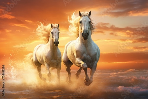 Two majestic white horses harmoniously galloping through the tranquil ocean waters, illuminated by the golden hues of a breathtaking sunset, Two beautiful horses gallop at sunset, AI Generated