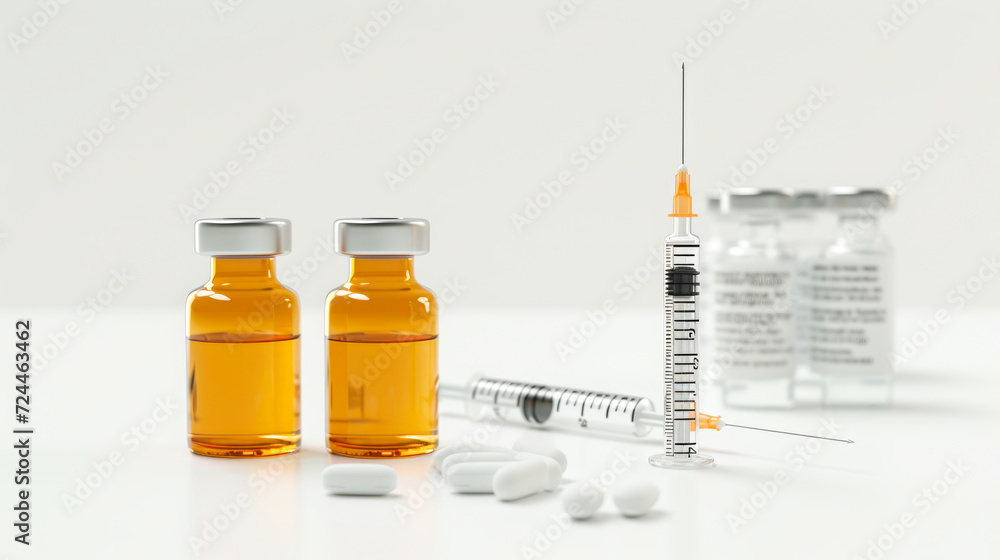 Syringe and medicine bottles arranged in a professional display on a white background Syringe and medicine bottles arranged in a professional display on a white background