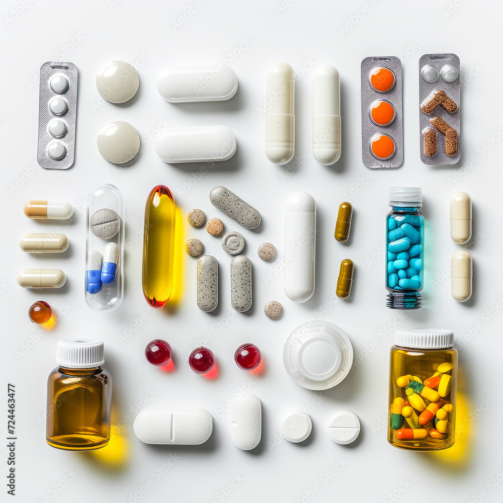 Clear presentation of various medicines neatly arranged on a clean white background Clear presentation of various medicines neatly arranged on a clean white background