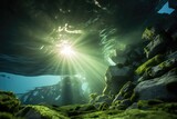 The sun shines through the water, casting a mesmerizing glow over the moss covered rocks, Underwater sunlight through the water surface seen from a rocky seabed with algae, AI Generated