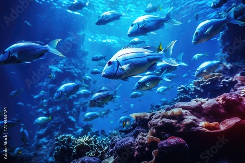 This captivating photo showcases a large aquarium filled with an impressive variety of fish  Underwater  divers  shoals of fish  8k Ultra HD  AI Generated
