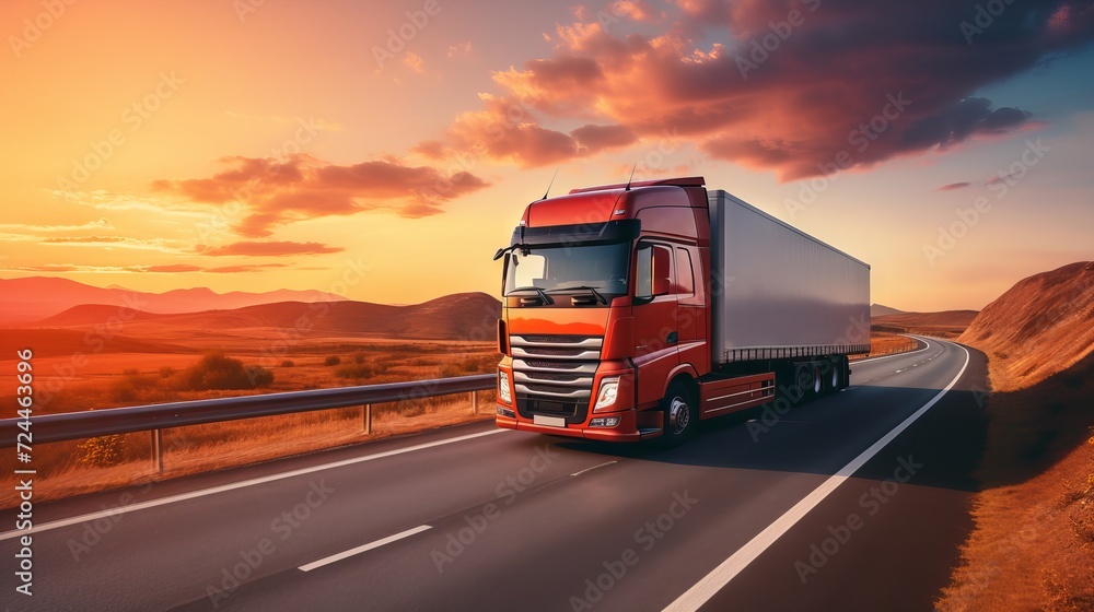 European truck transporting cargo on highway at sunset. Transport and road vehicles concept.