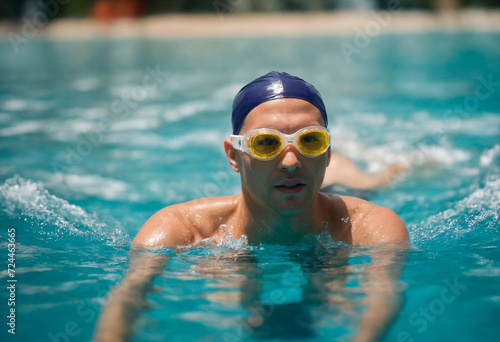 Portrait of a male swimmer wearing goggles and cap in swimming pool