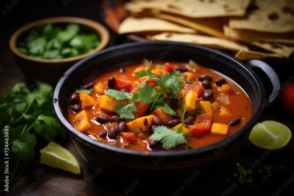 A delectable Mexican soup garnished with tortilla chips and fresh cilantro, perfect for a flavorful and satisfying meal, Vegetarian vegan Sweet Potato Mexican Tacos Soup, AI Generated