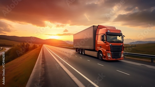 European truck transporting cargo on highway at sunset. Transport and road vehicles concept.