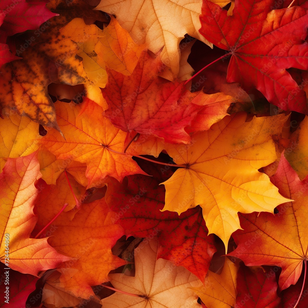 Seamless pattern with bright autumn maple leaves. Red, orange and yellow colors. Beautiful nature background. Endless texture for wrapping paper or textile design.