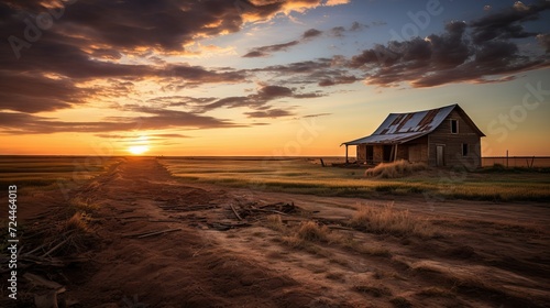 Rustic farm with granary and golden sky at sunset