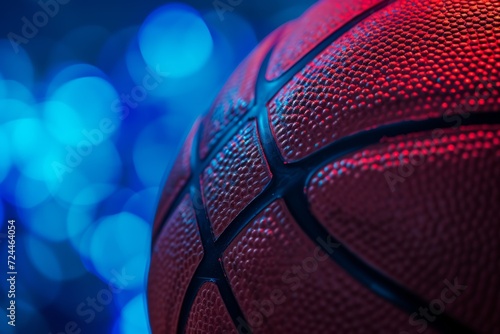 Closeup Of Textured Basketball Ball With Vibrant Blue Neon Banner Background