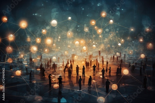 A diverse group of individuals standing together in front of an intricate network of illuminated lights, View of a crowd with a network of connections, AI Generated