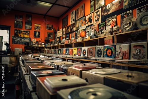 A room filled with countless vinyl records neatly organized on shelves, Vintage record store with rows of vinyl records and cassette tapes, AI Generated