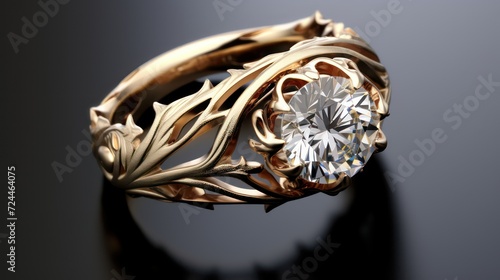 Elegant Gold Ring Adorned with a Sparkling Solitaire Diamond, Showcasing Intricate Artistry and Luxurious Design