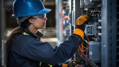 Professional female electrician in safety gear fixing a fuse box in a commercial building