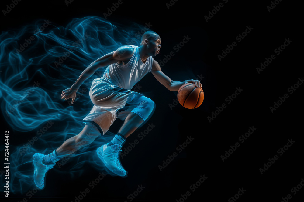 Dynamic Basketball Player In Motion, Isolated On Black Background, Exuding Energy And Determination