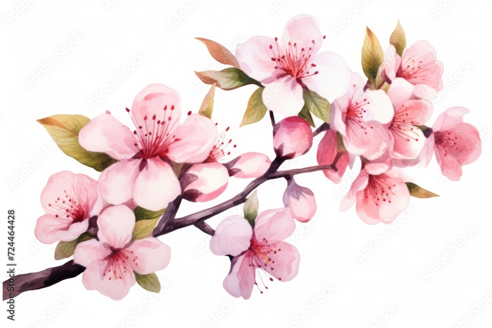 Naklejka premium A delicate painting capturing the beauty of a branch adorned with vibrant pink flowers, Watercolor cherry blossom, Vector illustration isolated on a white background, AI Generated