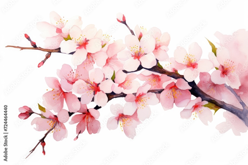 A vibrant painting of delicate pink flowers against a clean white backdrop, Watercolor cherry blossom, Vector illustration isolated on a white background, AI Generated