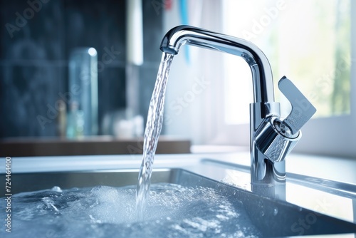 the steady flow of water from a household faucet  illustrating the practical usage of this essential fixture  Water faucet faucet  Running water in bathroom with sink  AI Generated