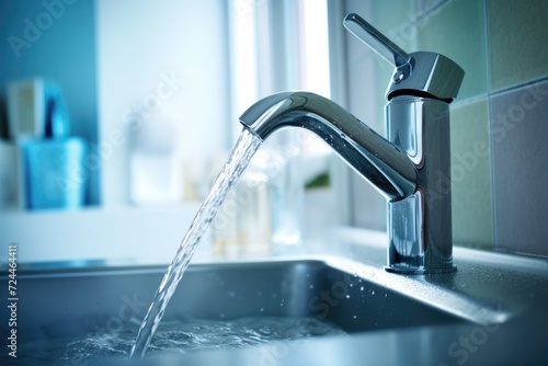 Water flows from a kitchen sink faucet into a pristine  clear glass basin with a stainless steel finish  Water faucet faucet  Running water in bathroom with sink  AI Generated