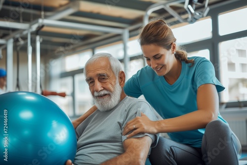 Elderly Man Receives Supportive Aid From Physiotherapist During Therapeutic Movement Session