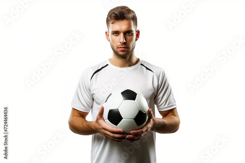 Enthusiastic Soccer Player Proudly Holds The Ball, Isolated On White Background