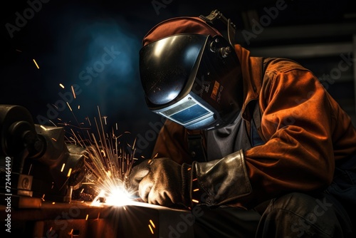 A skilled welder diligently working on a piece of metal fabrication in a well-lit workshop, Welder in welding helmet working on metal with sparks in a dark room, AI Generated © Iftikhar alam