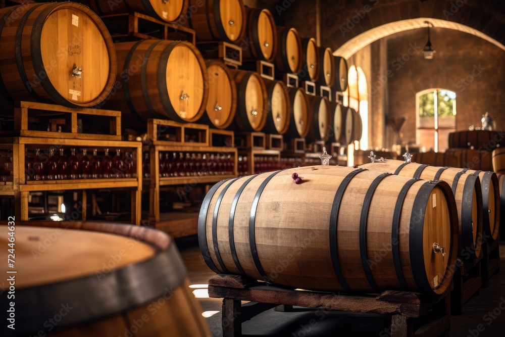 An expansive room packed to the brim with an abundance of wooden barrels, winery with wine wooden barrels, AI Generated An expansive room packed to the brim with an abundance of wooden barrels, winery with wine wooden barrels, AI Generated