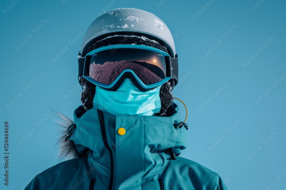 Happy Snowboarding Woman In Blue Suit, Goggles, Mask, Hat, And Jacket