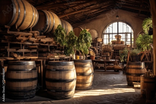 A room filled with an abundance of wooden barrels creates a captivating and rustic ambiance, winery with wine wooden barrels, AI Generated © Iftikhar alam