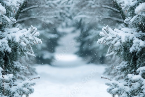Idyllic Snowy Scene With Sparkling Evergreen Branches In Winter Wonderland