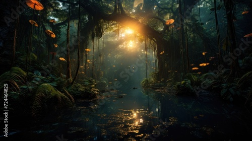 Mystical jungle, fantasy dark rainforest.